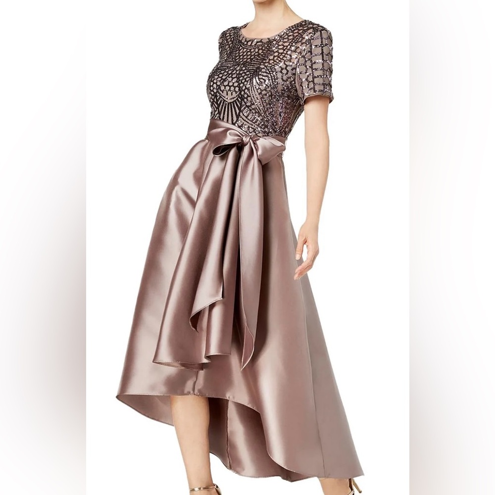 R&M Richards Sequin High Low Dress in Metallic Taupe